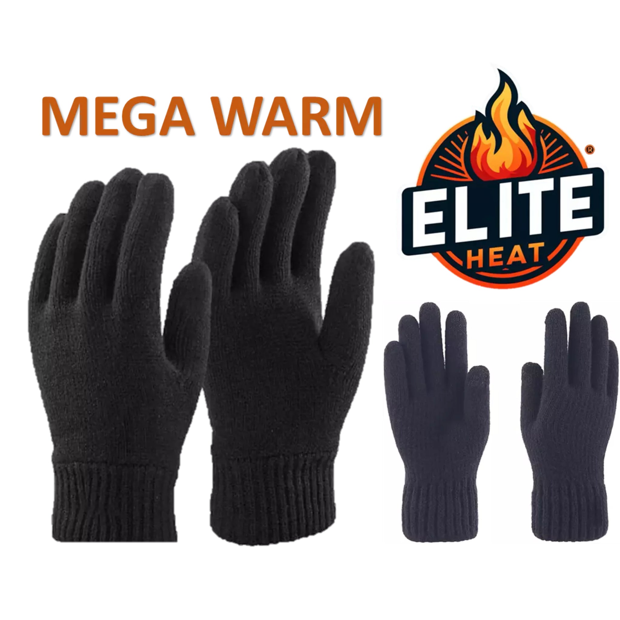 Elite Heat men's thermal winter gloves in black or navy with ribbed cuffs for warmth and comfort